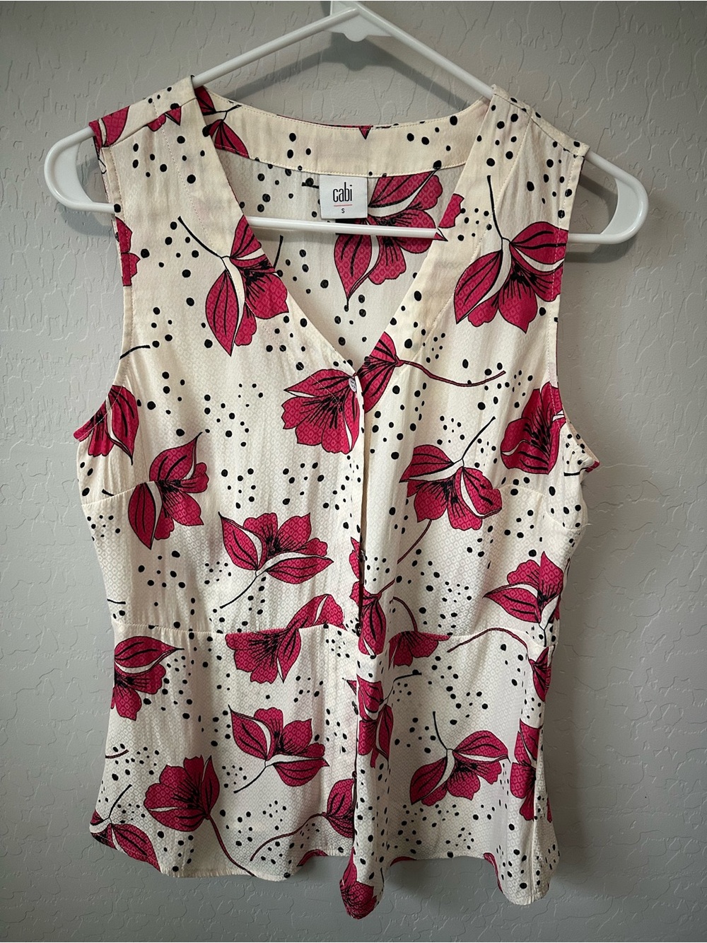CAbi Cream Sleeveless V-Neck Top with Pink Floral Print
